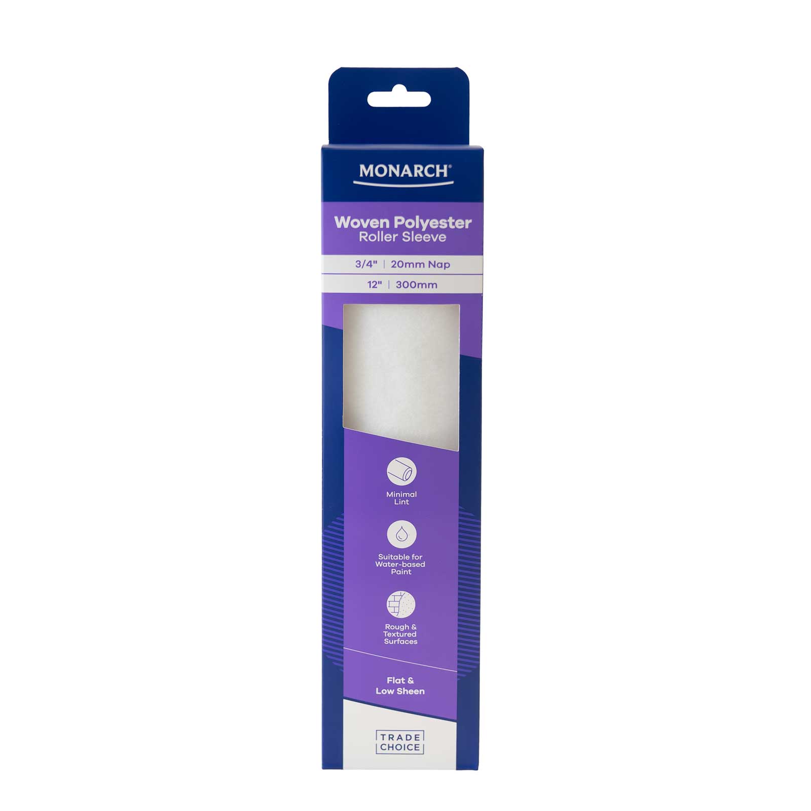 Monarch Render & Brick Walls Roller Sleeve - 12" (300mm) - 20mm Woven Polyester in packaging standing up image