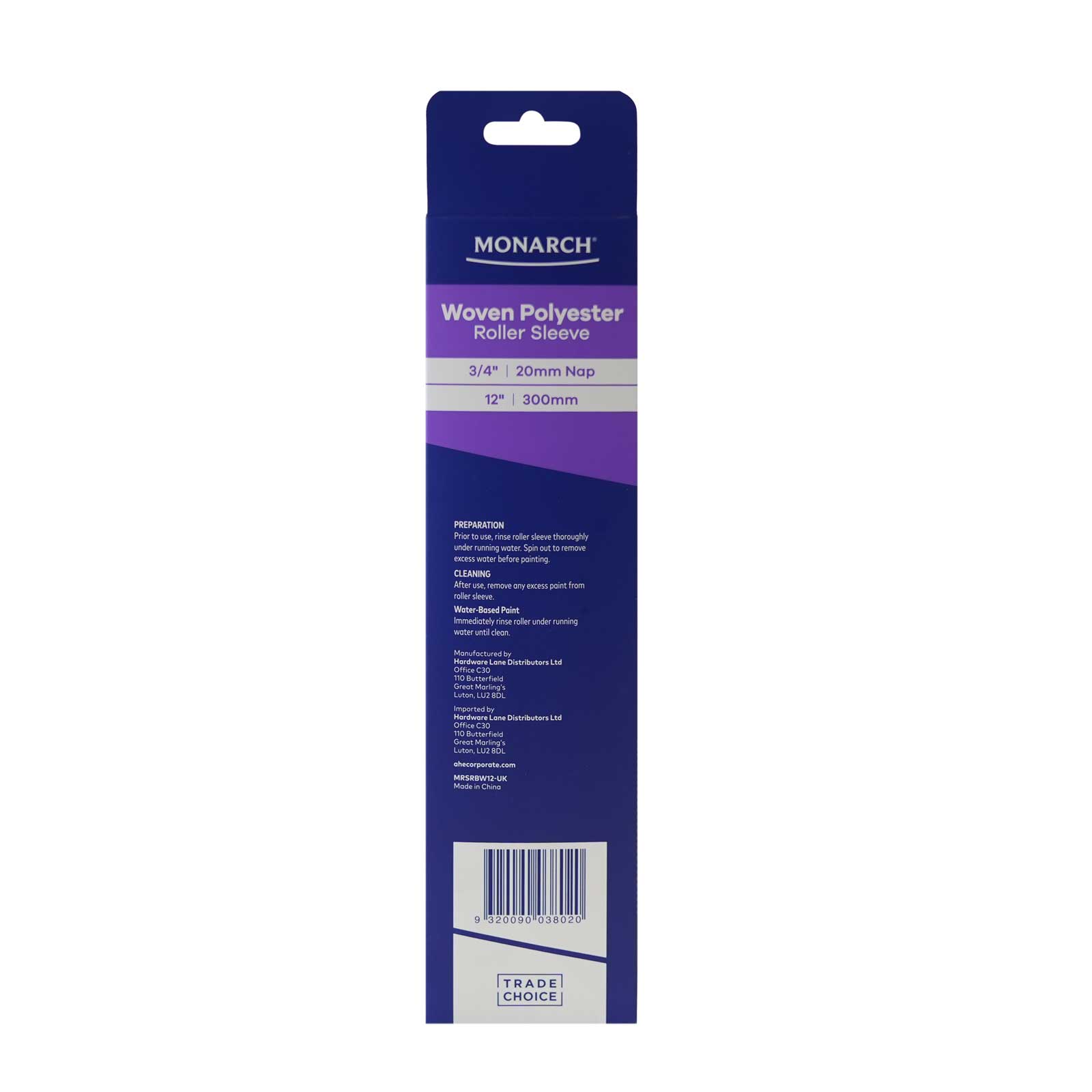 Monarch Render & Brick Walls Roller Sleeve - 12" (300mm) - 20mm Woven Polyester back of packaging